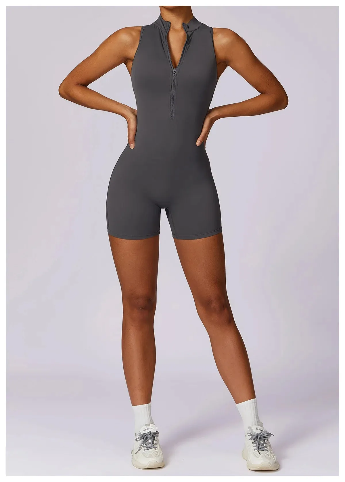 Backless Yoga Jumpsuit Shorts Set Women Zipper Workout Playsuit