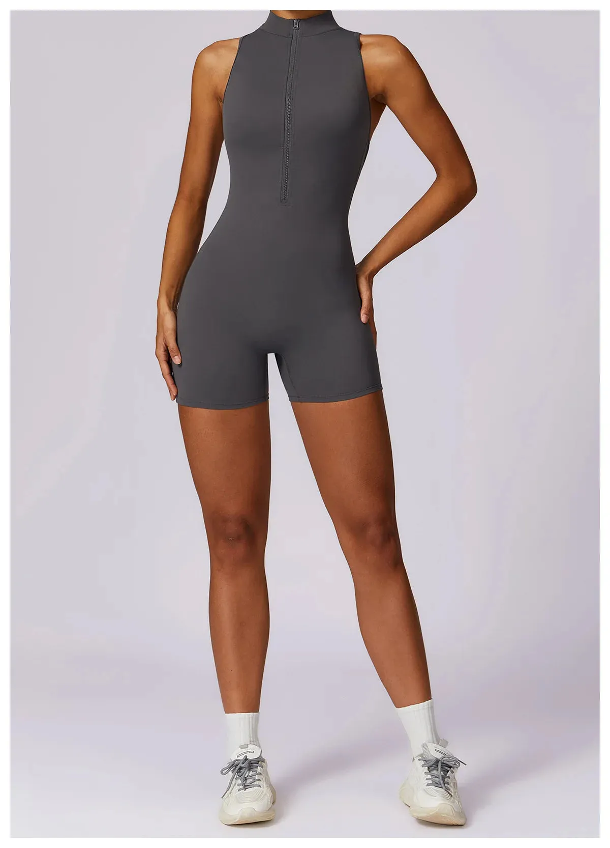 Backless Yoga Jumpsuit Shorts Set Women Zipper Workout Playsuit