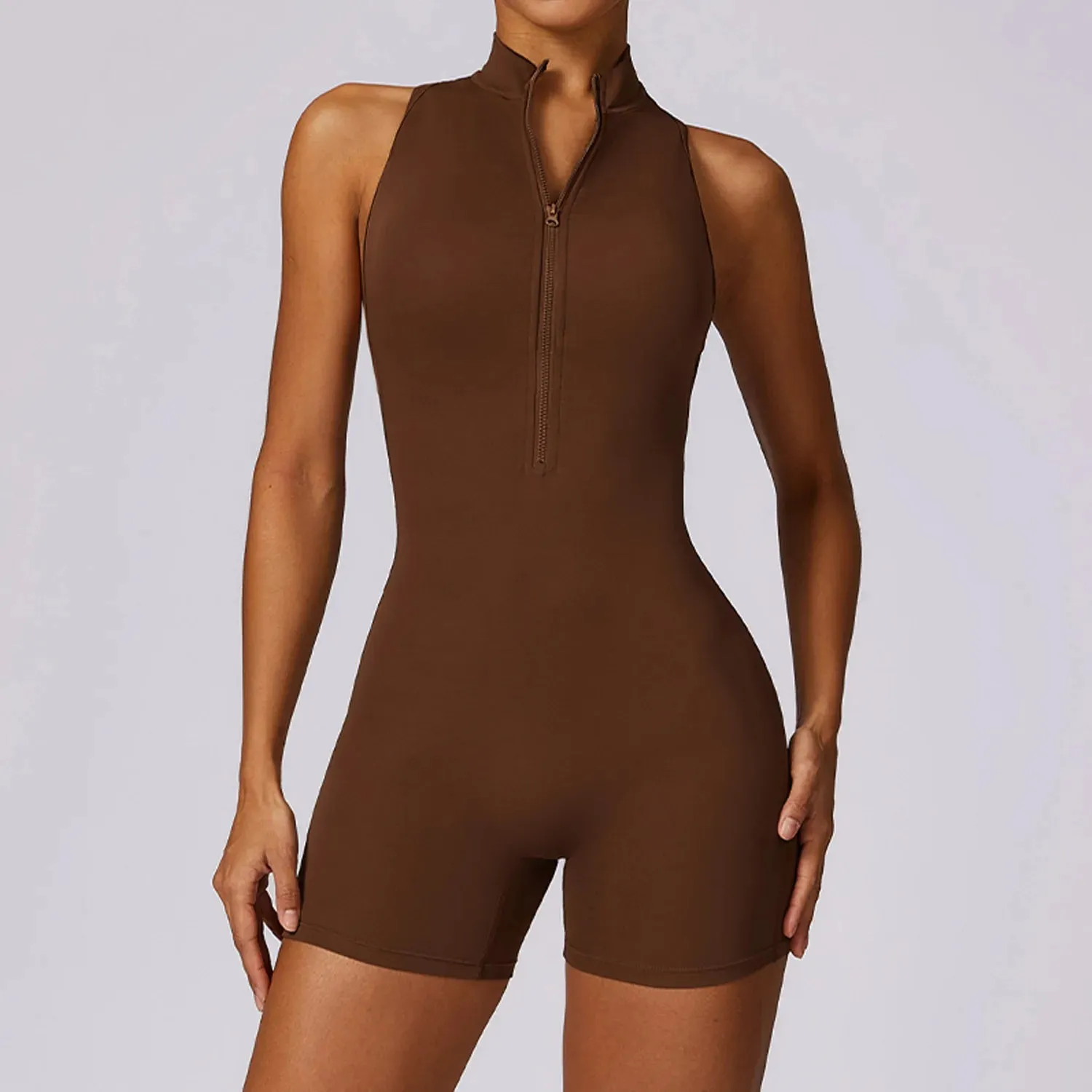 Backless Yoga Jumpsuit Shorts Set Women Zipper Workout Playsuit