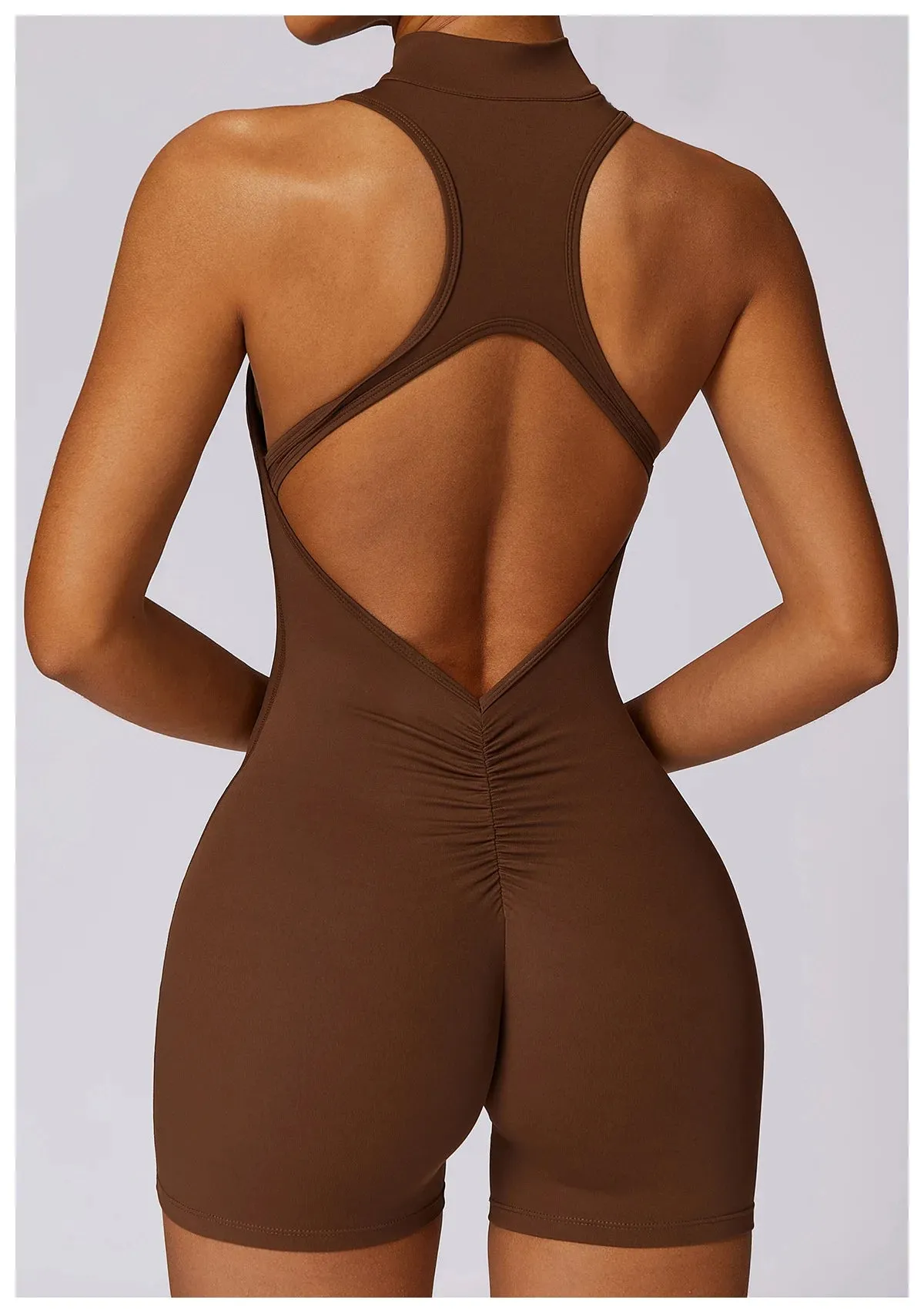 Backless Yoga Jumpsuit Shorts Set Women Zipper Workout Playsuit