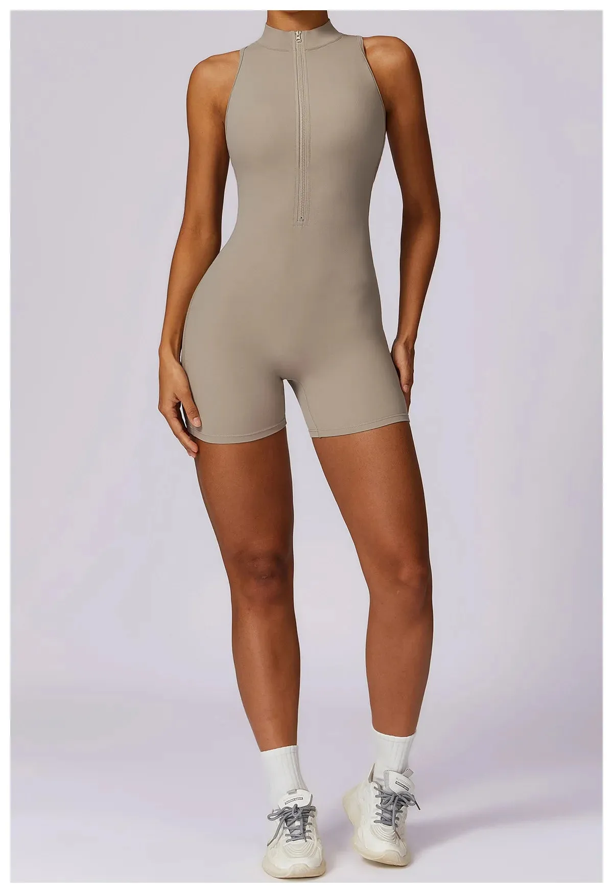 Backless Yoga Jumpsuit Shorts Set Women Zipper Workout Playsuit