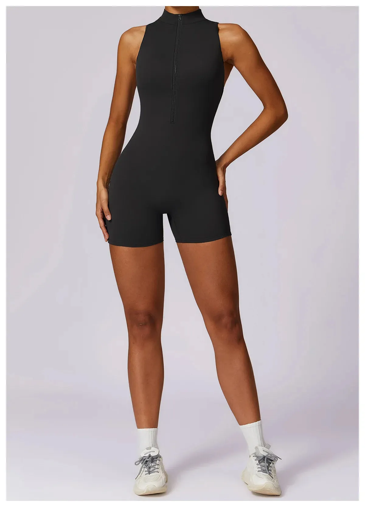 Backless Yoga Jumpsuit Shorts Set Women Zipper Workout Playsuit