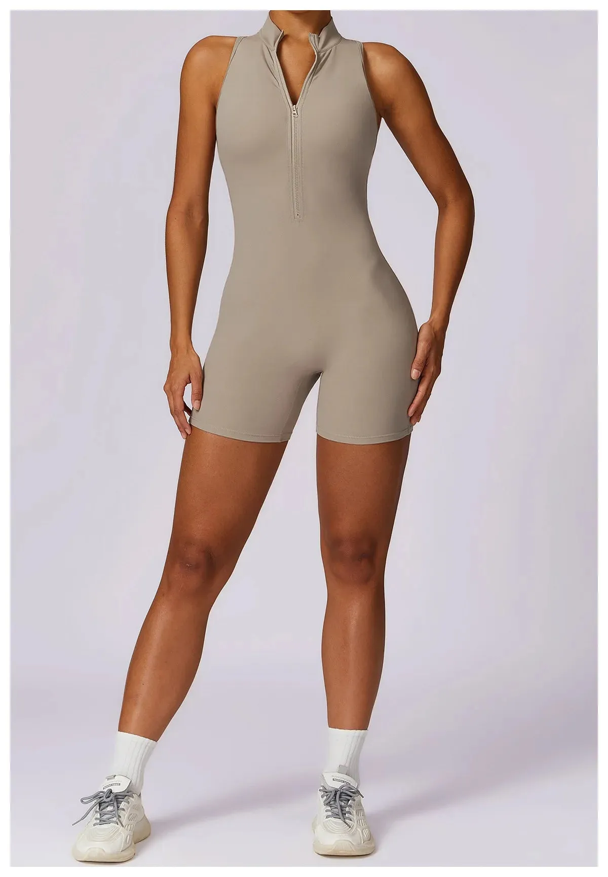 Backless Yoga Jumpsuit Shorts Set Women Zipper Workout Playsuit