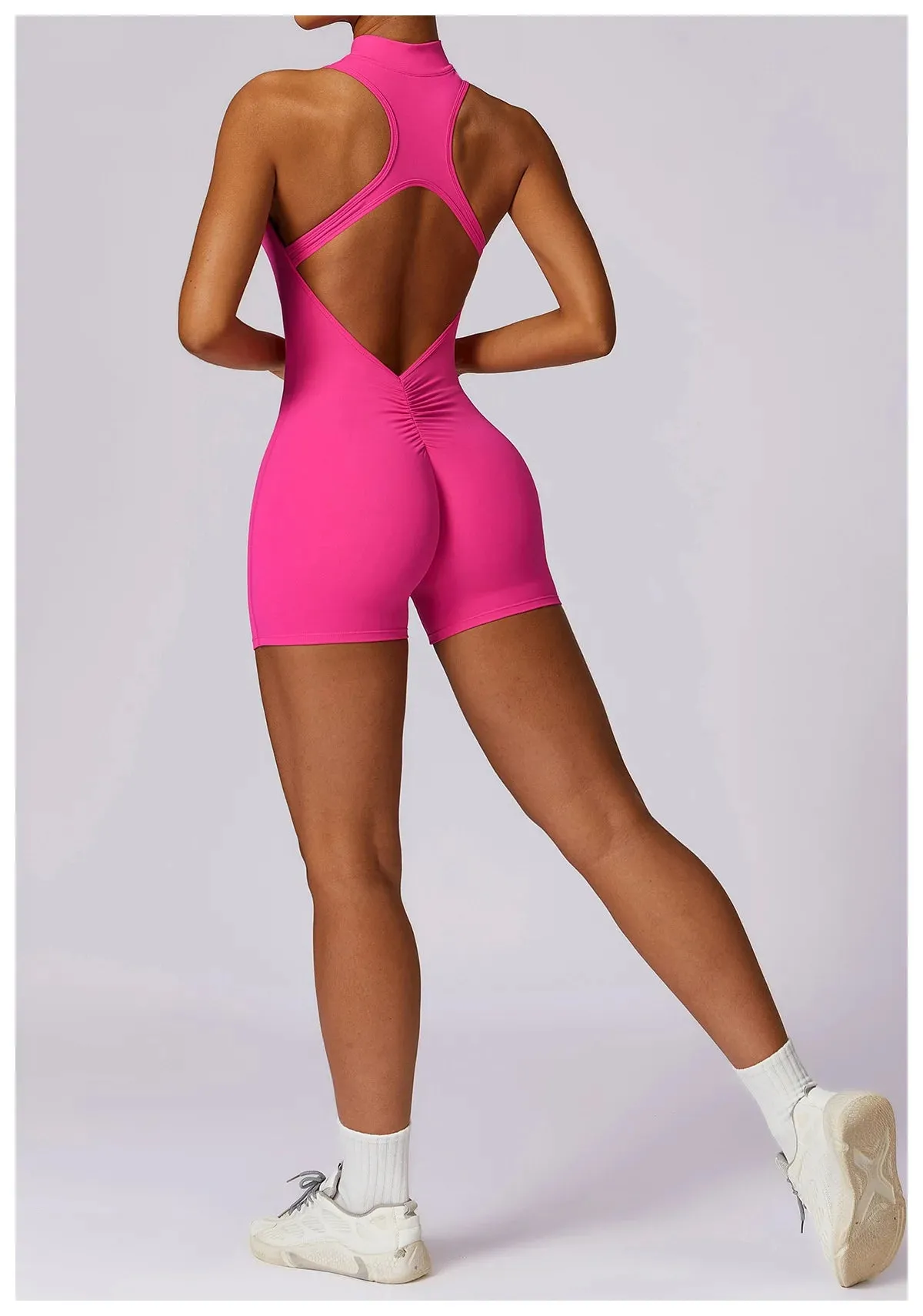 Backless Yoga Jumpsuit Shorts Set Women Zipper Workout Playsuit
