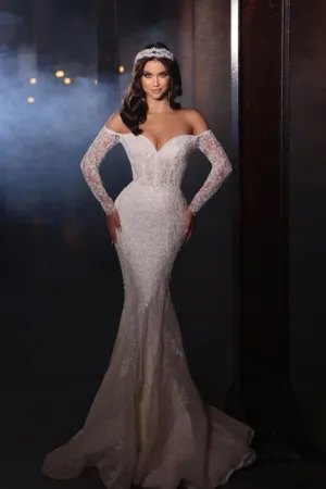 Ballbella Extravagant Lace Mermaid Wedding Gowns with Sleeves Off-the-shoulder
