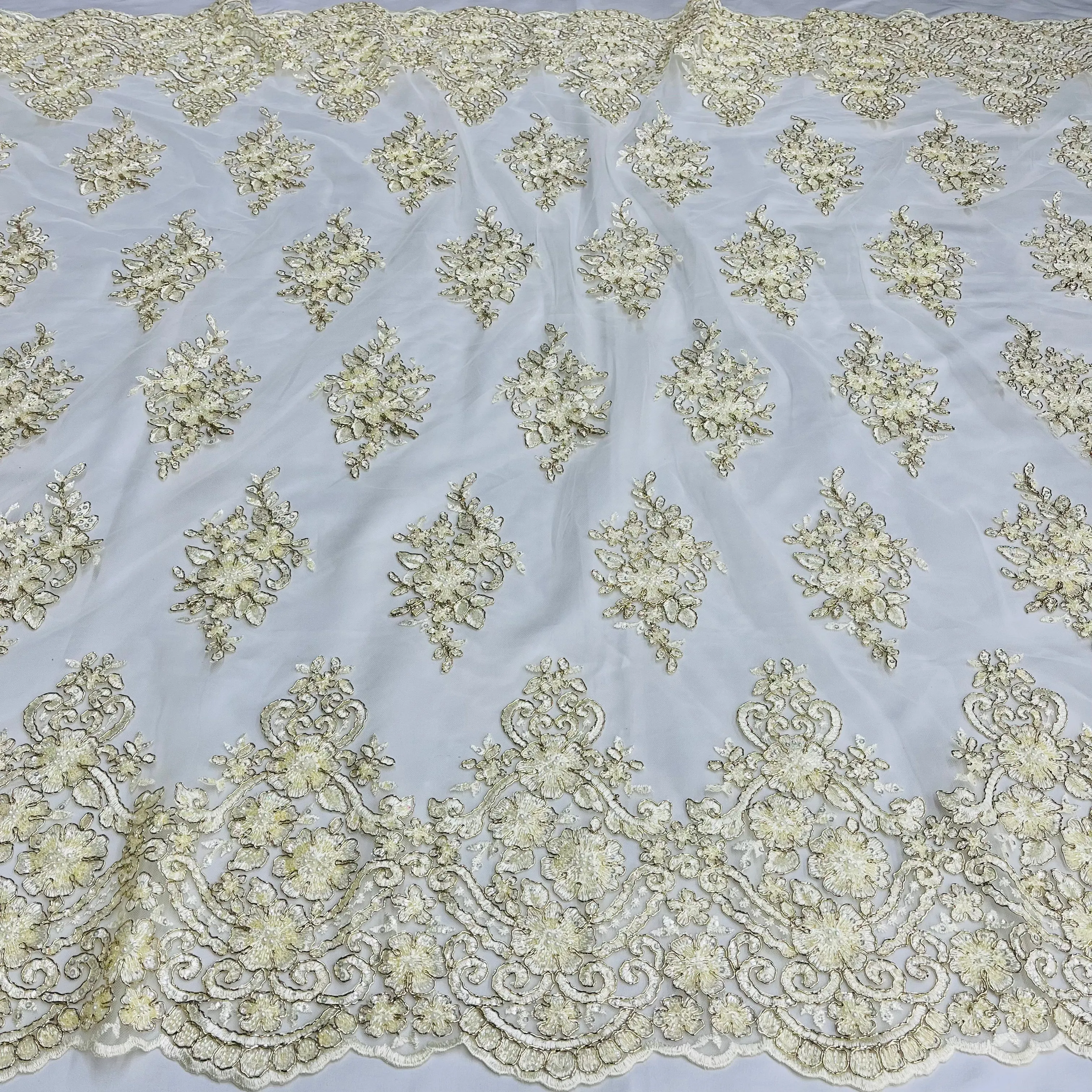 Beaded Corded Lace Fabric With Scallops Embroidered on 100% Poly Metallic | Lace USA - GD-1245