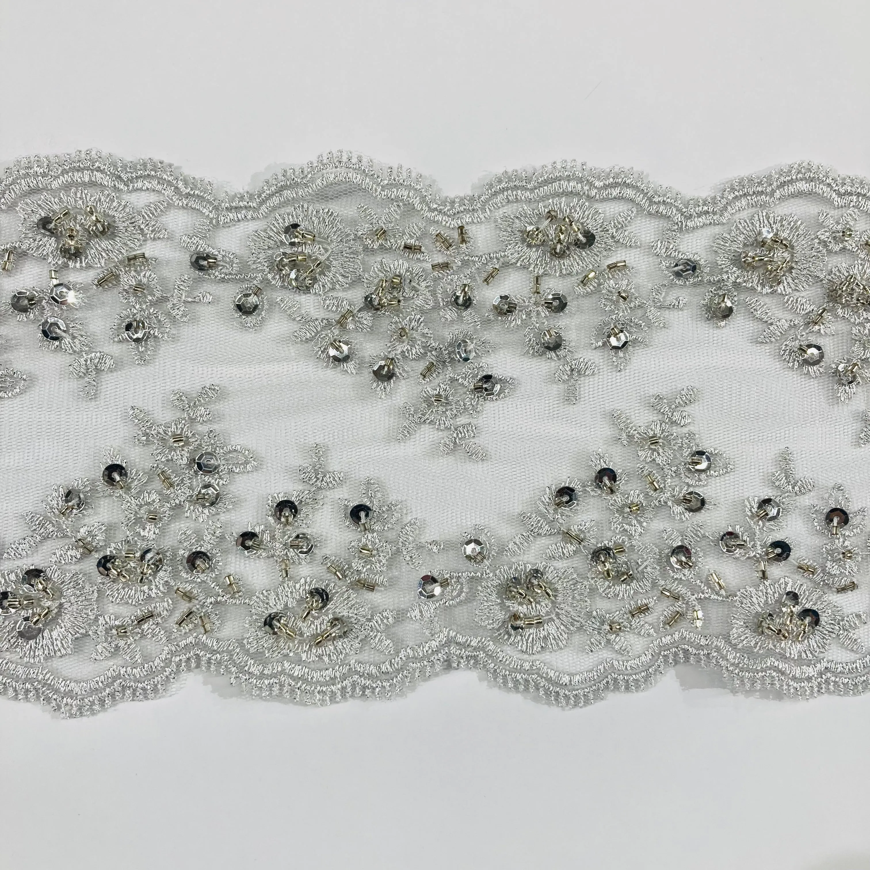 Beaded Double Sided Lace Trimming Embroidered on 100% Polyester Net Mesh | Lace USA - 21924W/2-BP