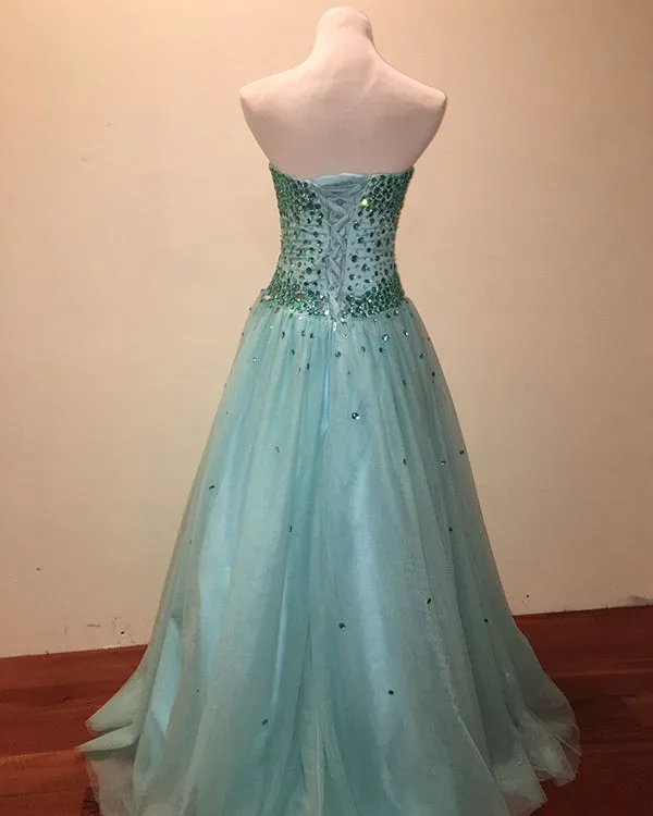 Beautiful Mint Tulle Prom Dresses Beadings Sweetheart 2018 Long Prom Gowns for Party