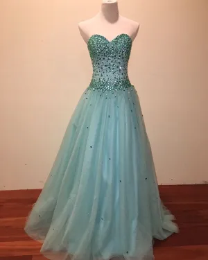 Beautiful Mint Tulle Prom Dresses Beadings Sweetheart 2018 Long Prom Gowns for Party