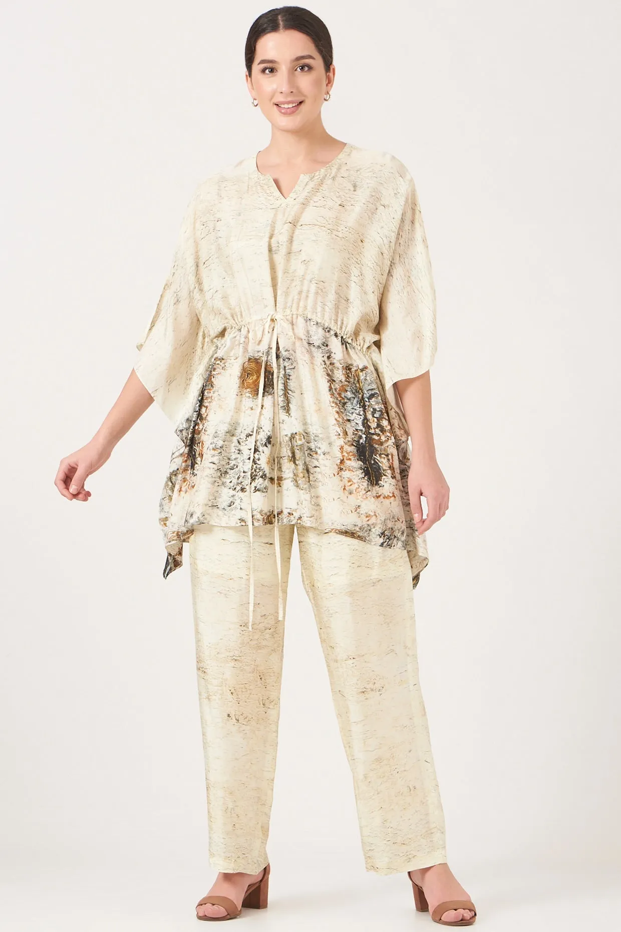 Beige And Gold Divine Print Top And Pants Coord Set.