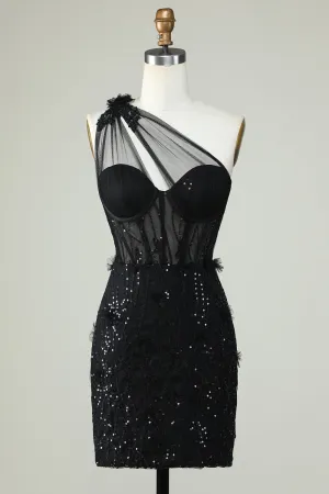 Black Bodycon One Shoulder Corset Short Homecoming Dress with Appliques