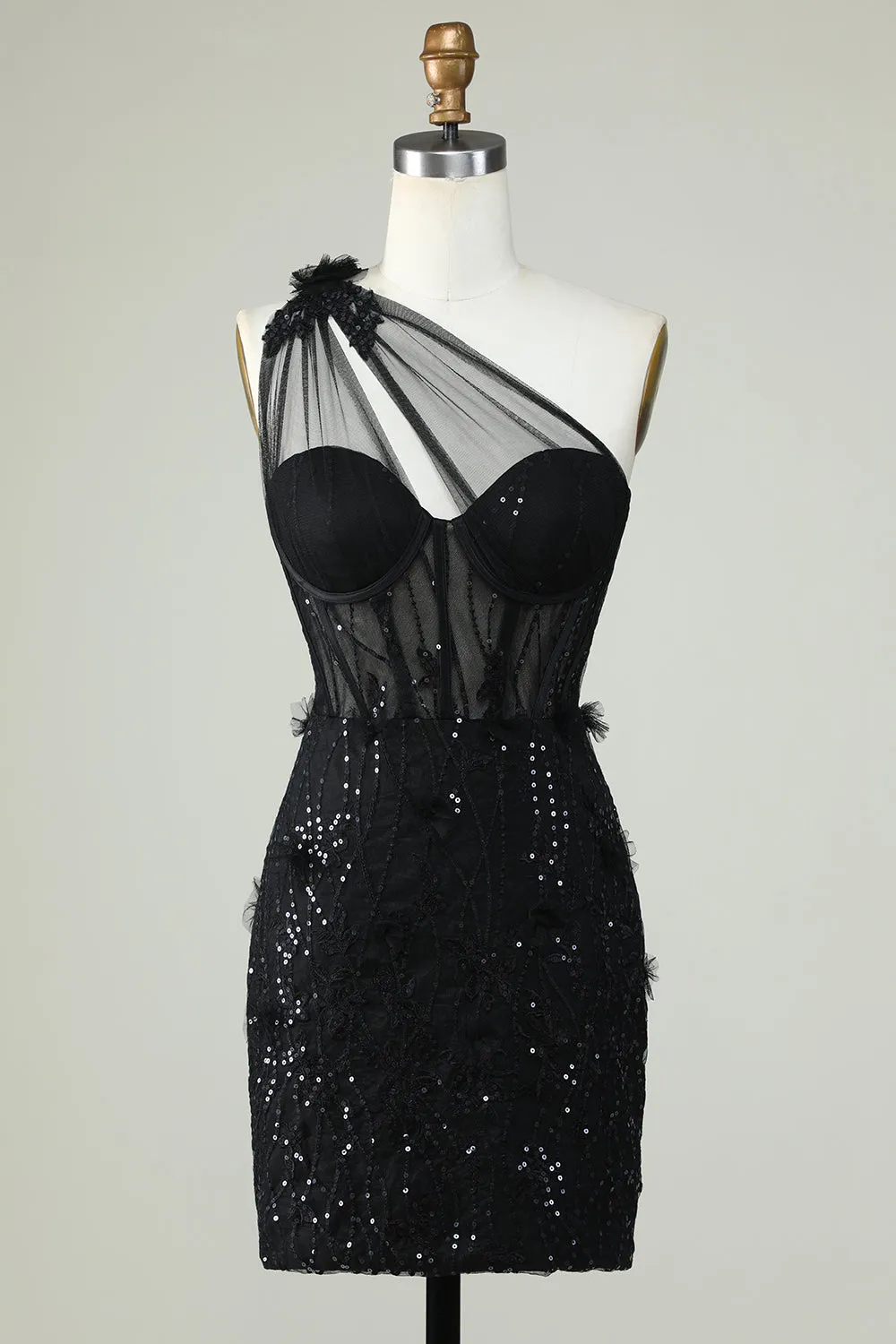Black Bodycon One Shoulder Corset Short Homecoming Dress with Appliques