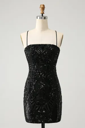 Black Bodycon Spaghetti Straps Lace Up Back Short Homecoming Dress with Sequins