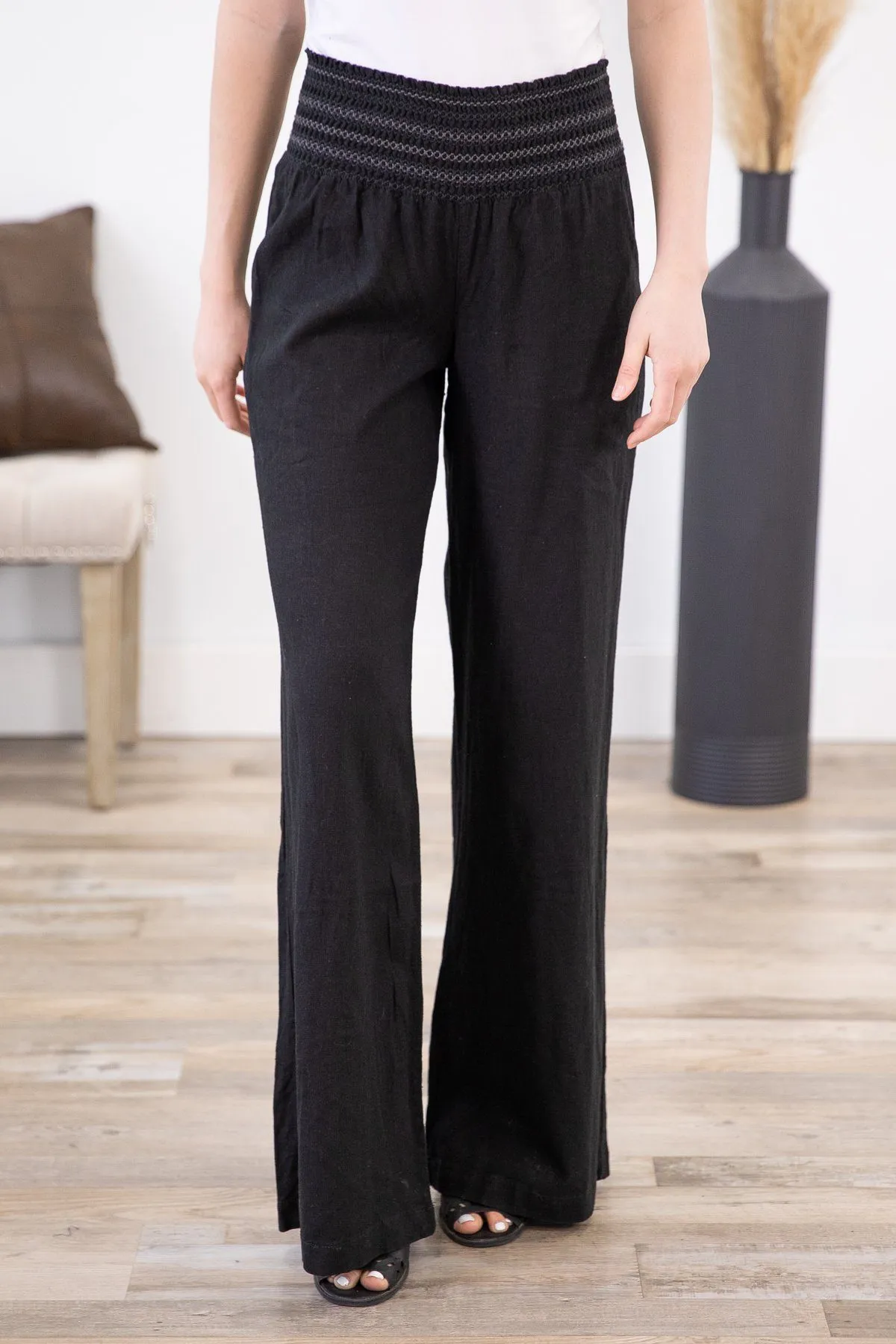 Black Embroidered Smocked Waist Palazzo Pant
