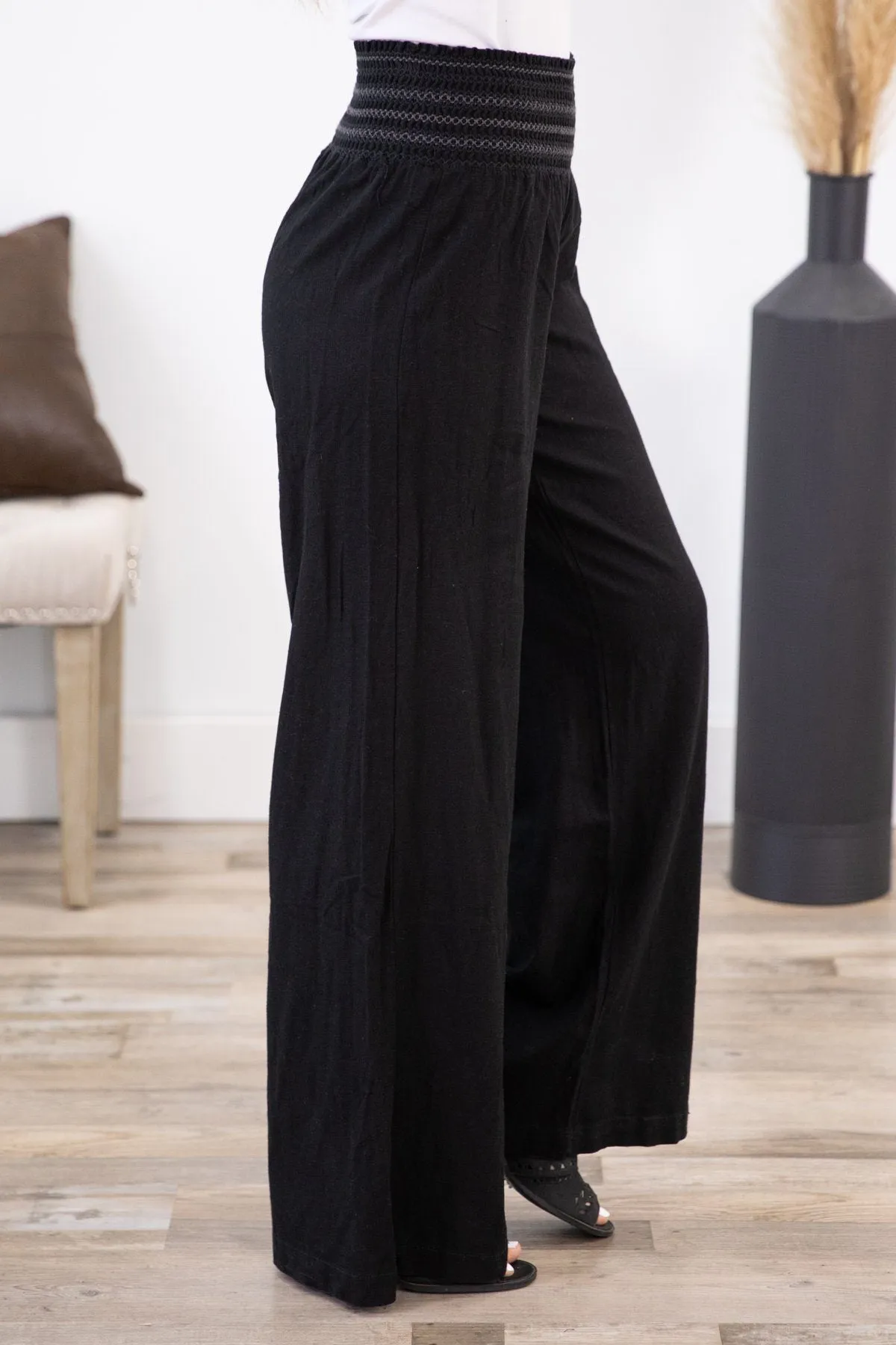Black Embroidered Smocked Waist Palazzo Pant