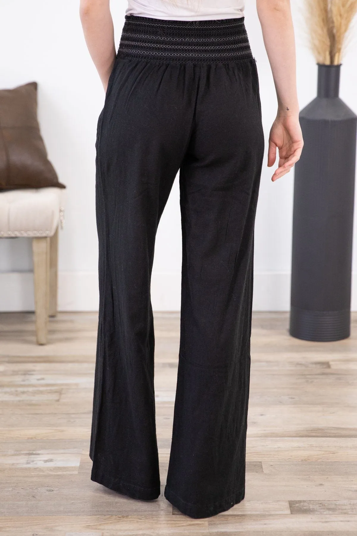 Black Embroidered Smocked Waist Palazzo Pant
