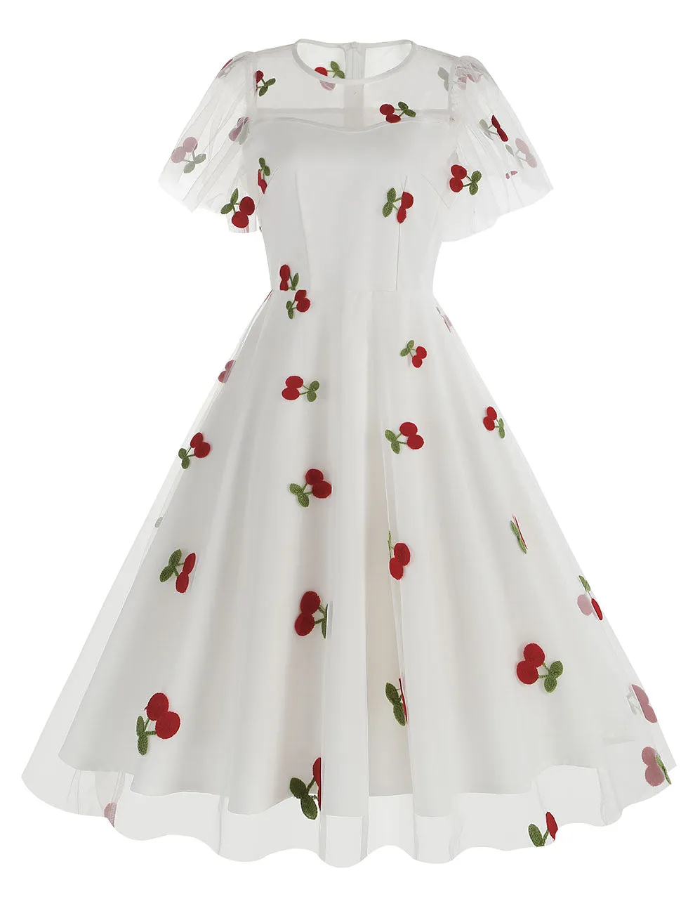 Black Semi Mesh Cherry Embroidered Short Sleevele 50S Swing Dress
