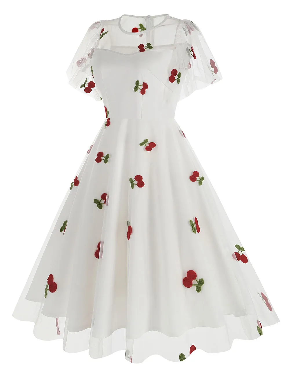 Black Semi Mesh Cherry Embroidered Short Sleevele 50S Swing Dress