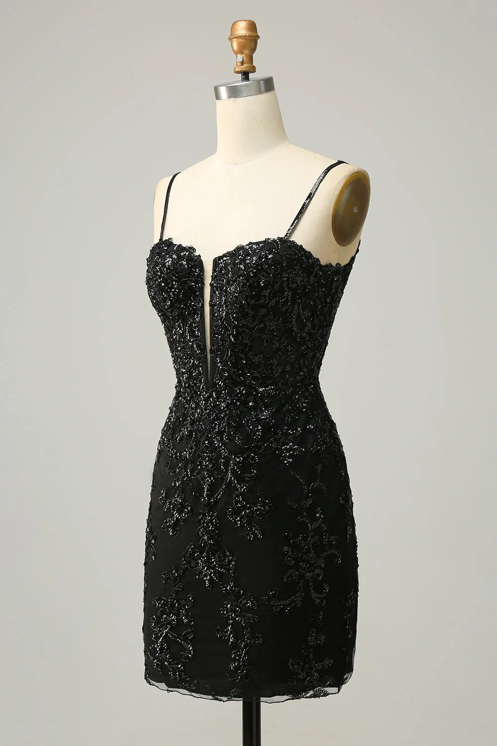 Black Sheath Spaghetti Straps Sequins Short Homecoming Dress with Criss Cross Back