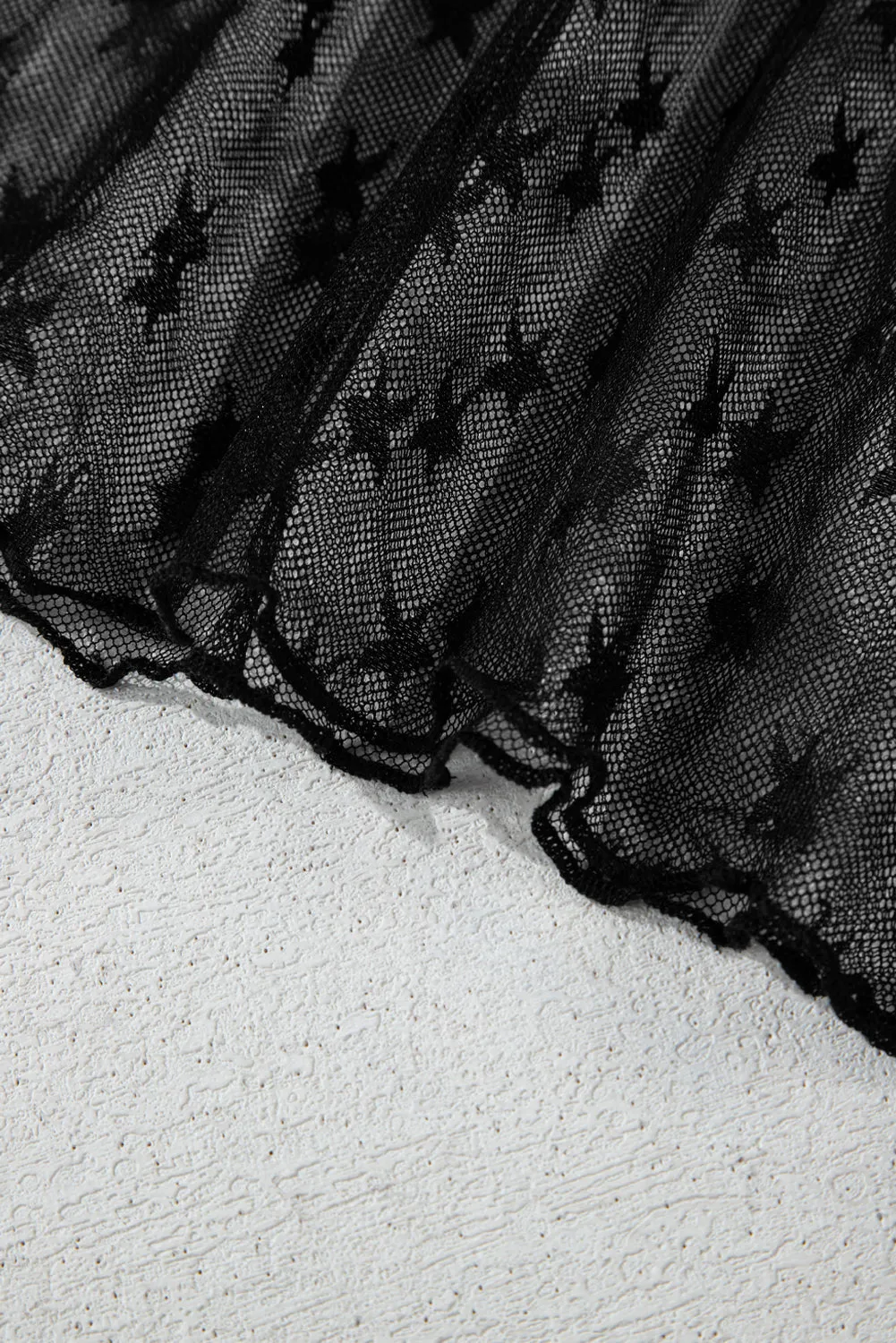 Black Star Print Mesh Sheer Slim Long Sleeve Top