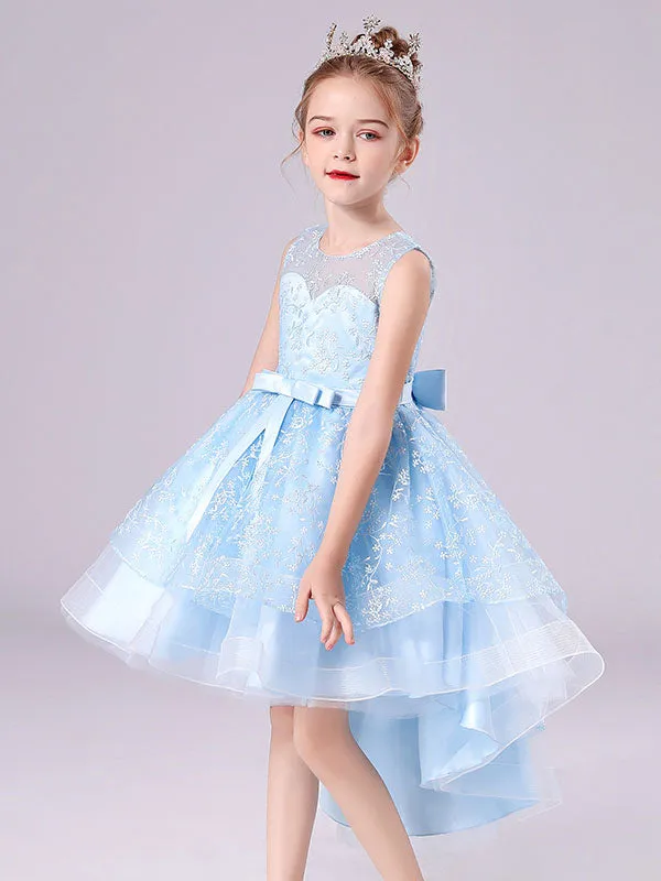 Blue Jewel Neck Sleeveless Short Princess Dress Sash Lace Kids Party Dresses