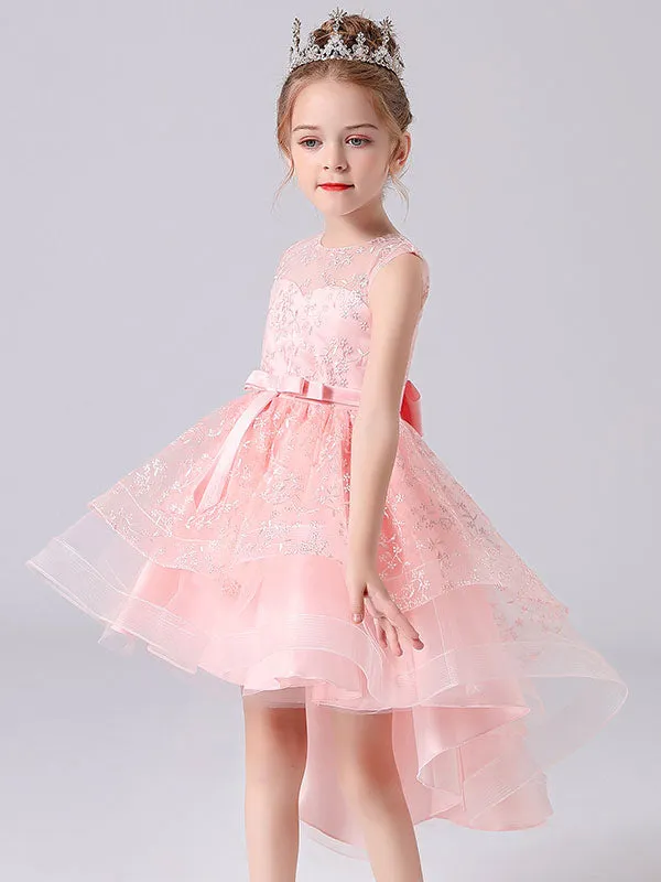 Blue Jewel Neck Sleeveless Short Princess Dress Sash Lace Kids Party Dresses