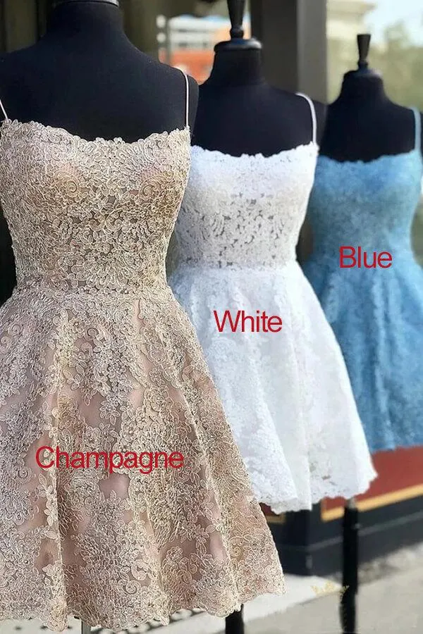 Blue Lace A-line Cross Back Spaghetti Straps Short Homecoming Dresses, MH523