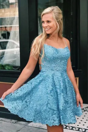 Blue Lace A-line Cross Back Spaghetti Straps Short Homecoming Dresses, MH523