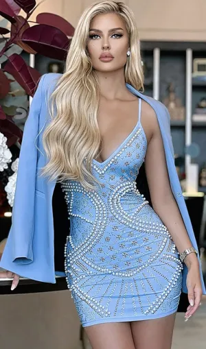 Blue Peral Beading Strap Mini Bandage Dress