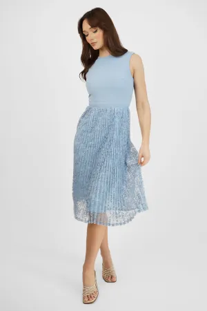 Blue Sleeveless Pleated Lace Midi Dress