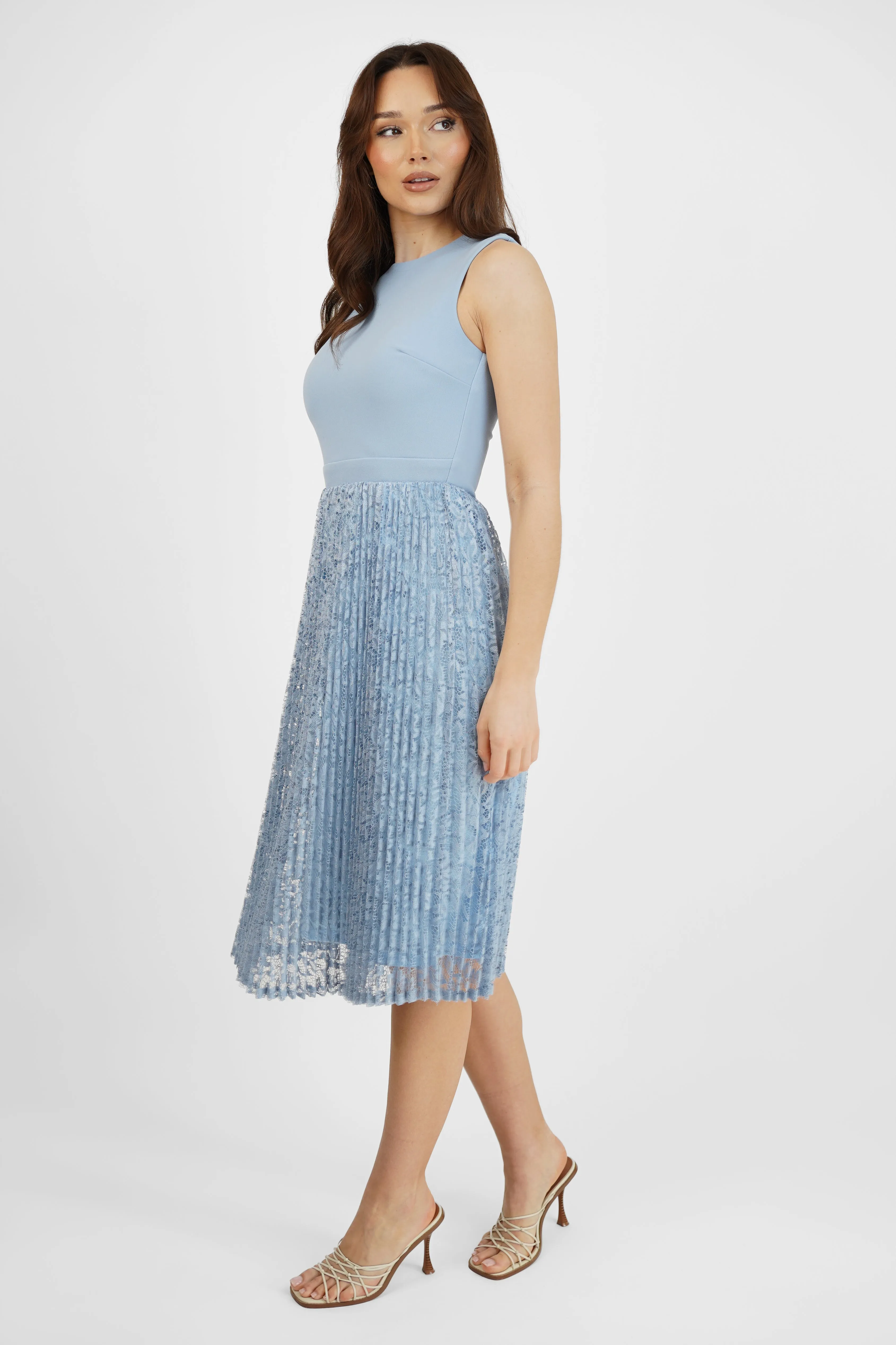 Blue Sleeveless Pleated Lace Midi Dress