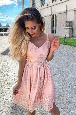 Blush Pink A-line Spaghetti Straps Homecoming Dresses With Lace Appliques, MH561