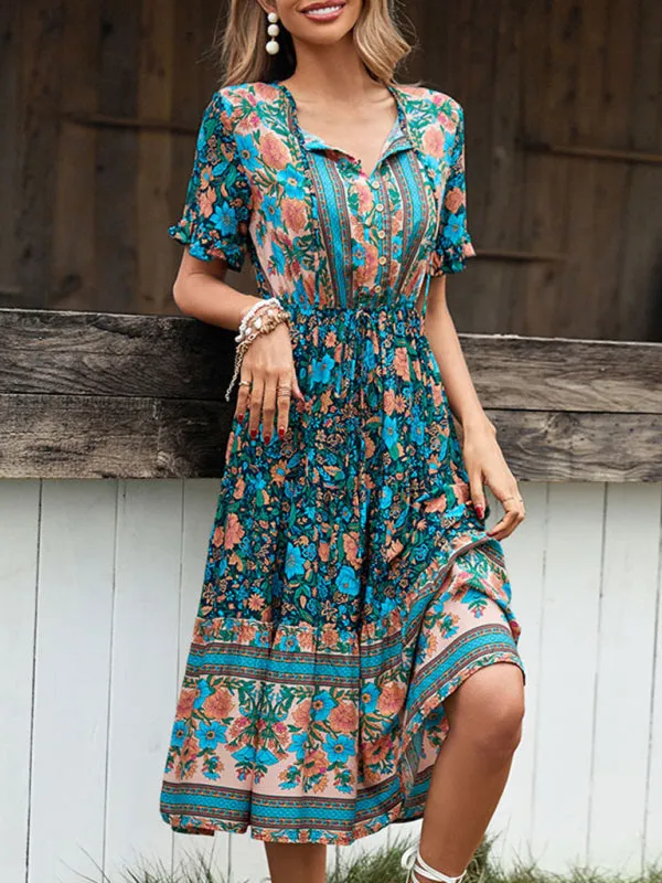 Bohemian Floral Print Midi Dress with Button Down and Tie Waist