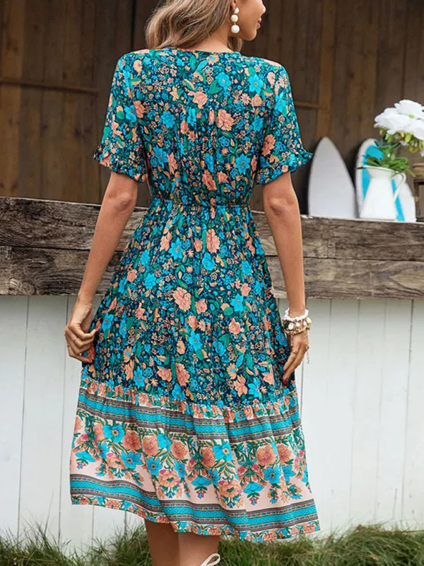 Bohemian Floral Print Midi Dress with Button Down and Tie Waist
