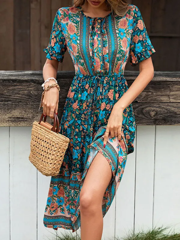 Bohemian Floral Print Midi Dress with Button Down and Tie Waist