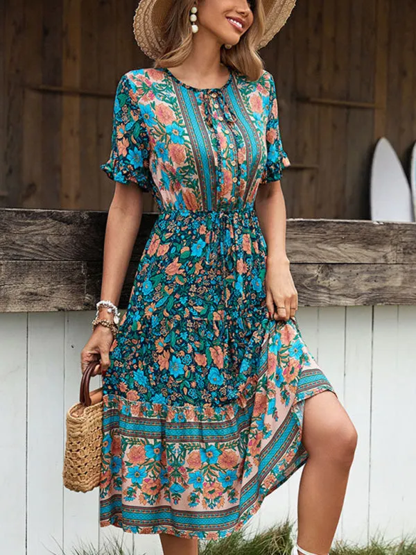 Bohemian Floral Print Midi Dress with Button Down and Tie Waist