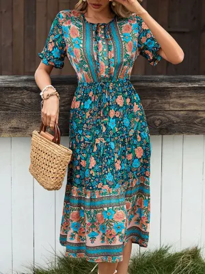 Bohemian Floral Print Midi Dress with Button Down and Tie Waist