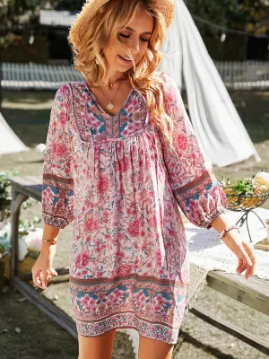 Bohemian Floral Print Mini Dress with V-Neck and Long Sleeves