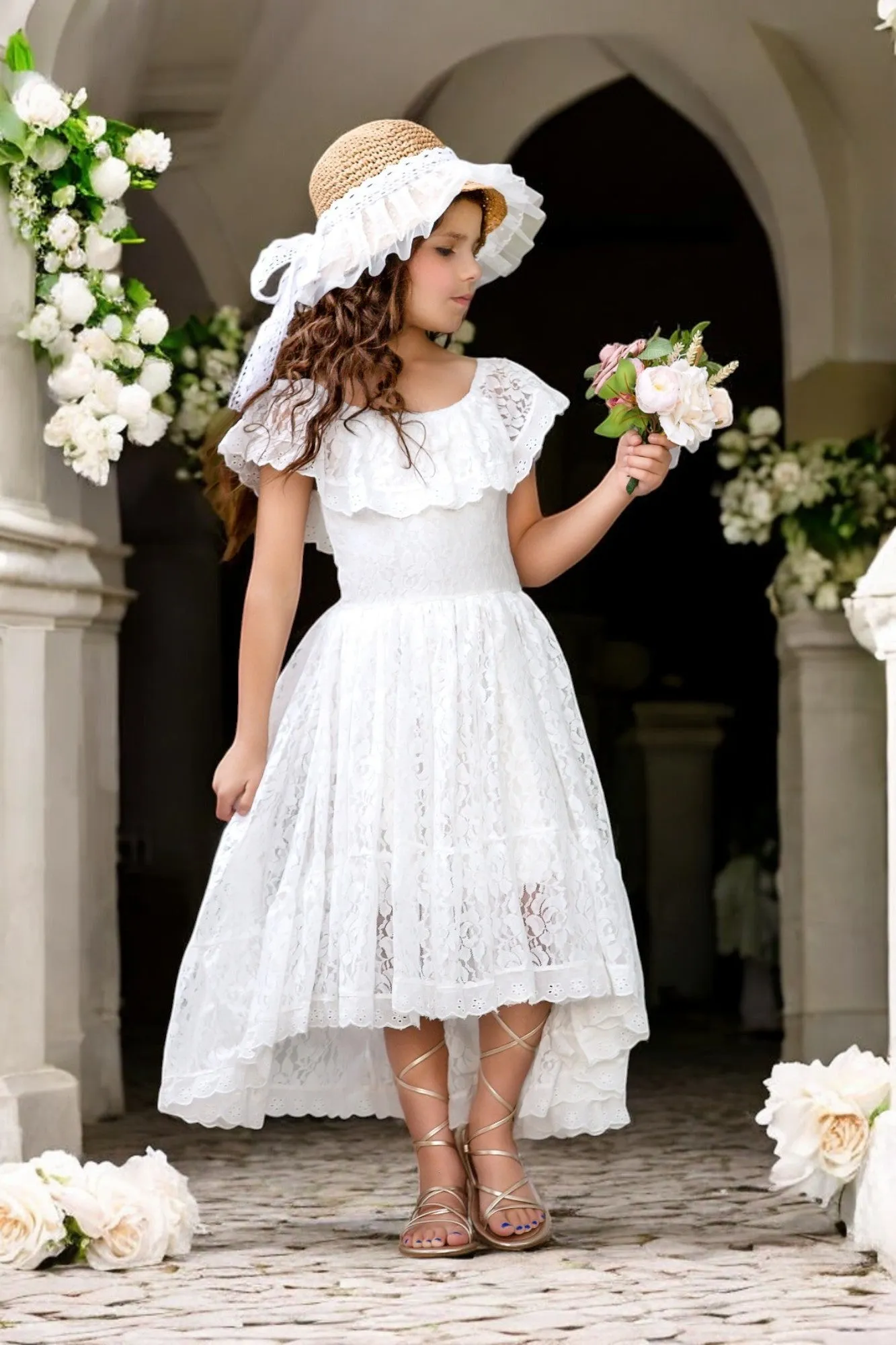 Bohemian Lace High Low Party Dress in White