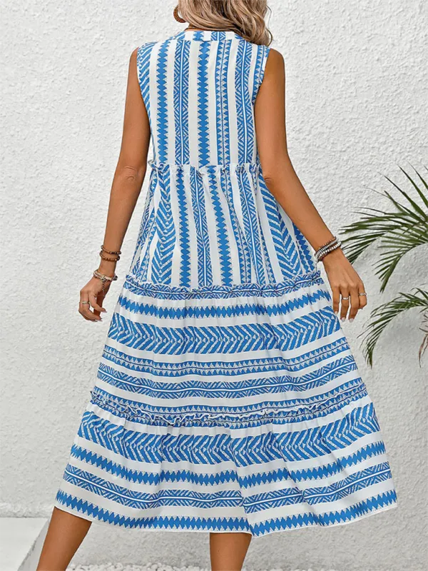 Bohemian Resort Midi Dress with Geometric Print and V-Neck