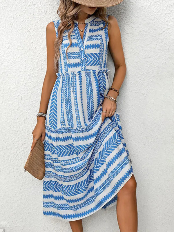 Bohemian Resort Midi Dress with Geometric Print and V-Neck