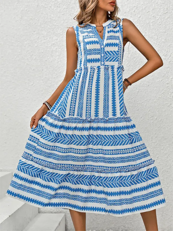 Bohemian Resort Midi Dress with Geometric Print and V-Neck