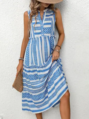 Bohemian Resort Midi Dress with Geometric Print and V-Neck