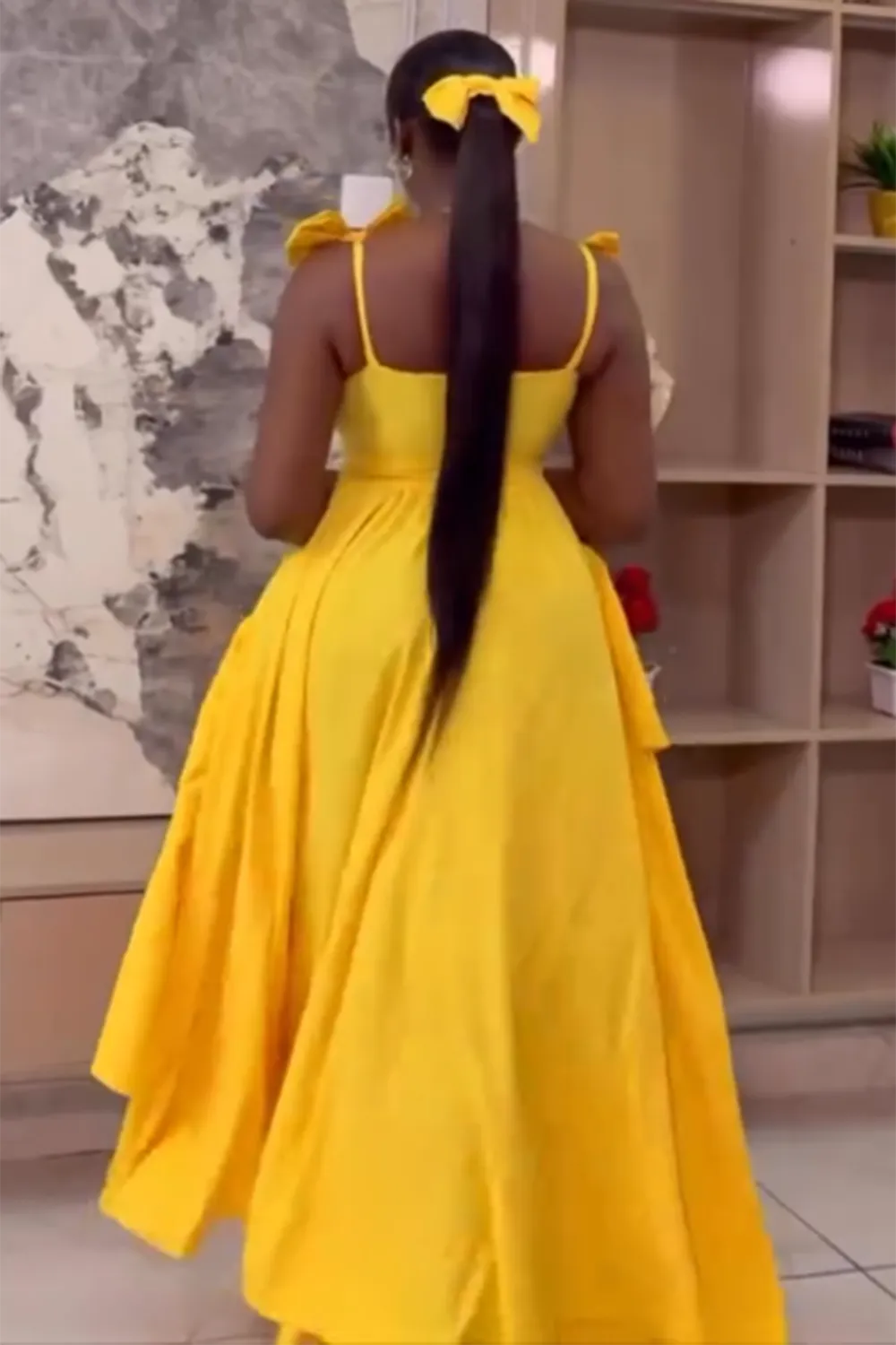 Bow Decor Cami Gathered Layered Hem Party Maxi Dresses-Yellow [Pre Order]