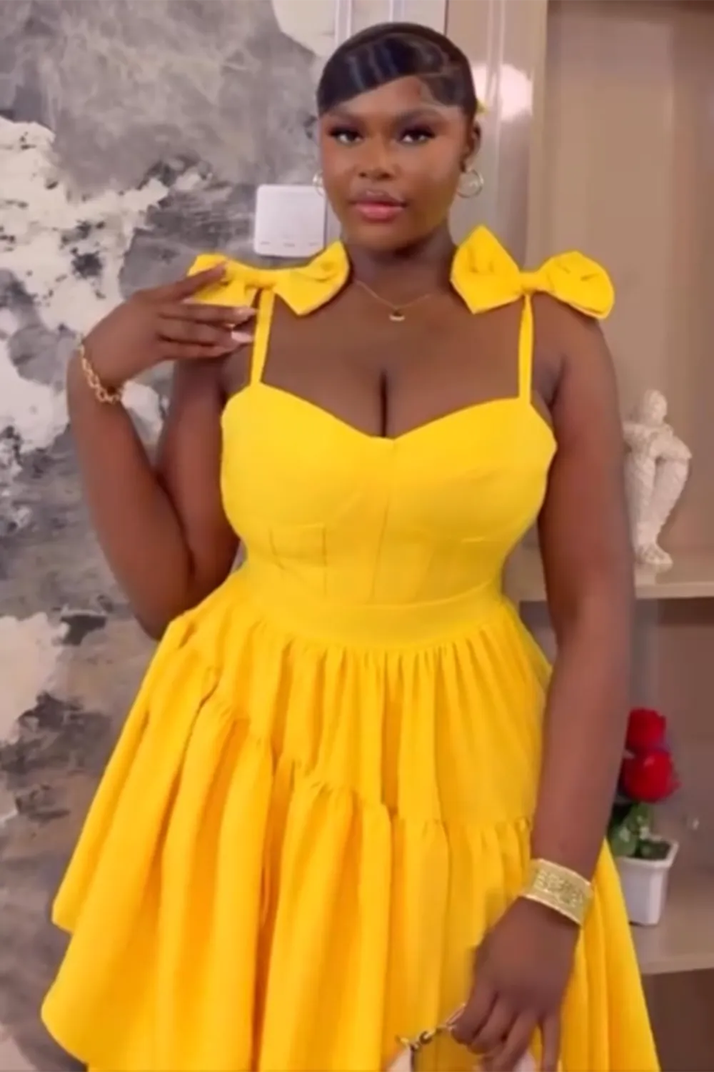 Bow Decor Cami Gathered Layered Hem Party Maxi Dresses-Yellow [Pre Order]