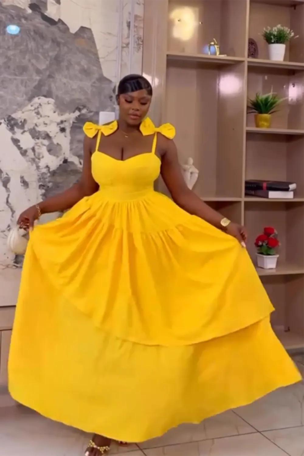 Bow Decor Cami Gathered Layered Hem Party Maxi Dresses-Yellow [Pre Order]