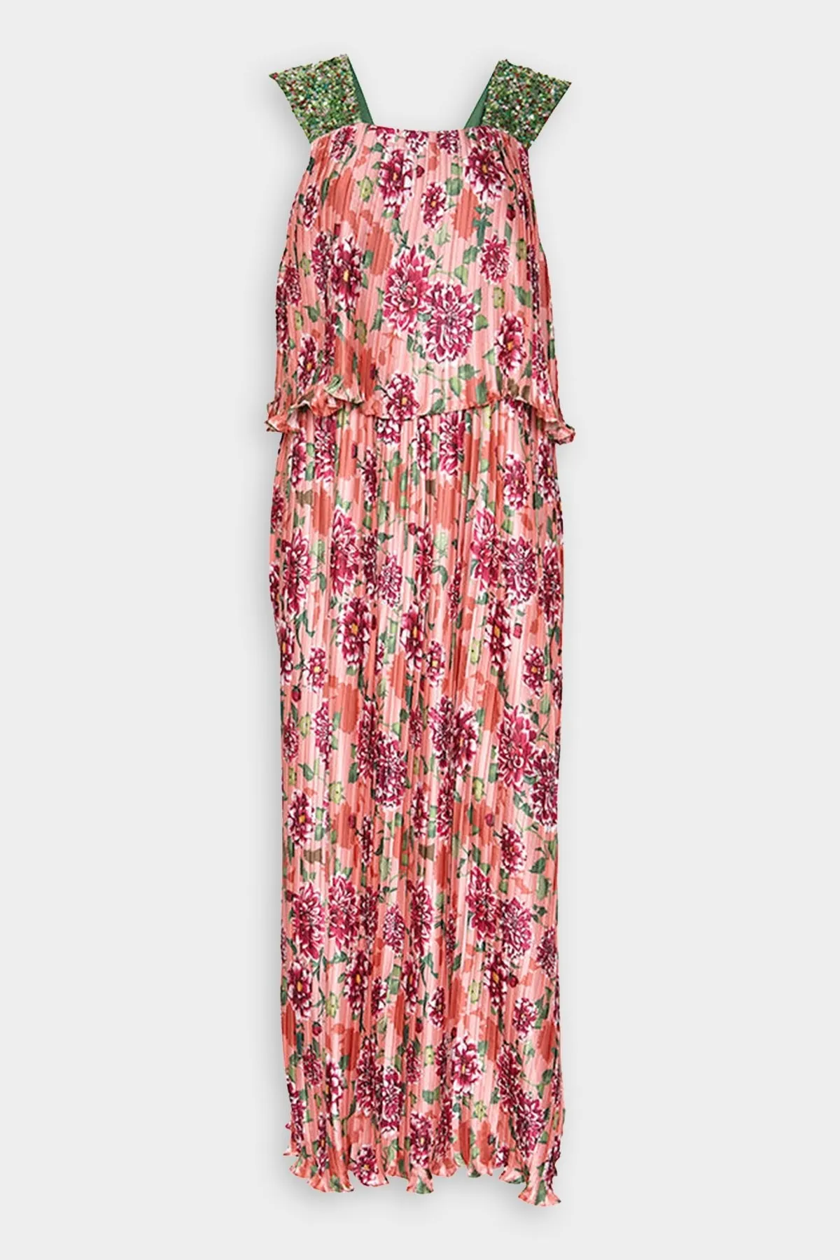 Box Pleated Plisse Gown in Coral Dahlia