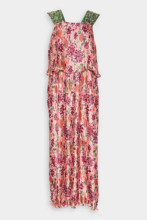 Box Pleated Plisse Gown in Coral Dahlia