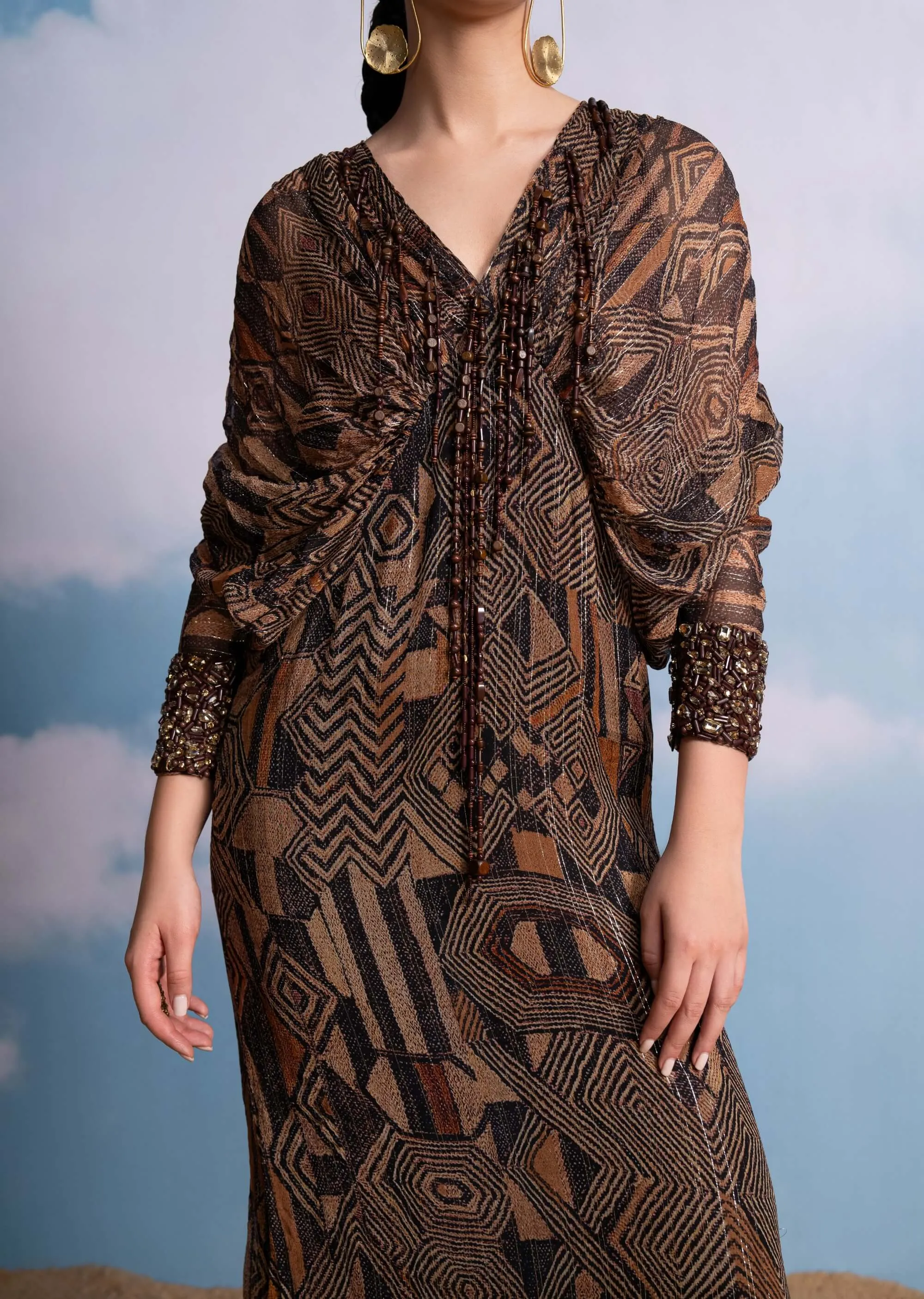 Brown geometric kimono dress
