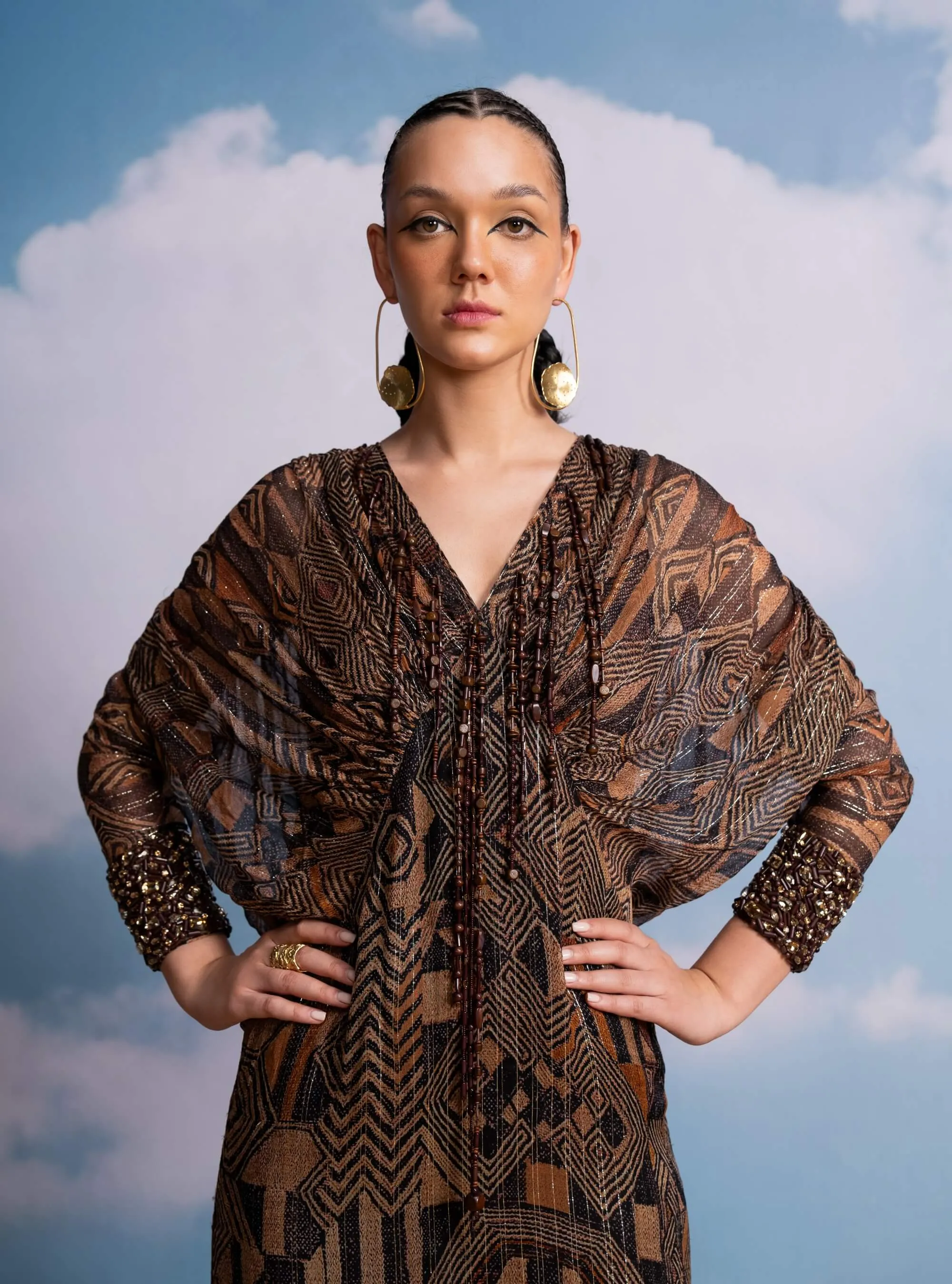 Brown geometric kimono dress